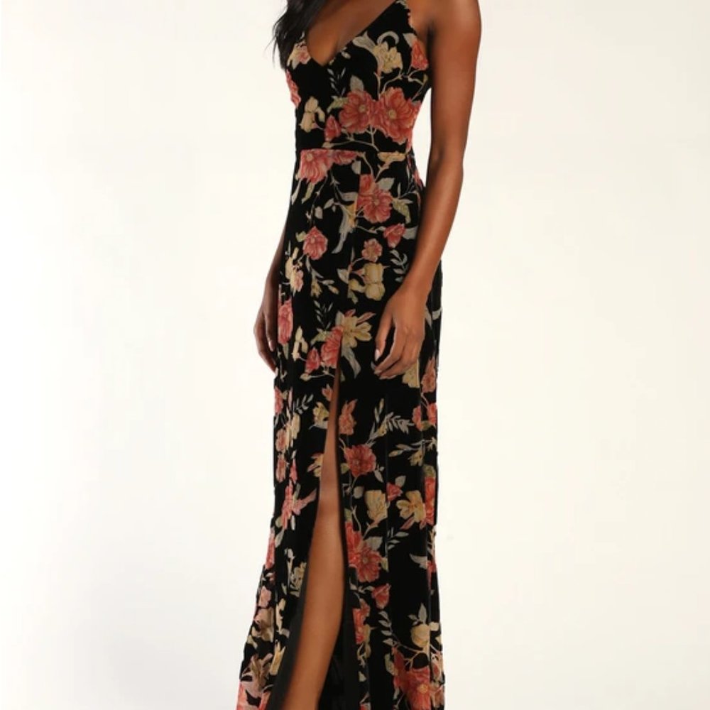 Alluring Blooms Black Floral Burnout Velvet Maxi Dress